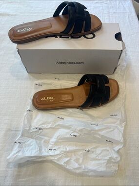 Aldo Black Leather-Look Slide Sandals with Brown Footbed